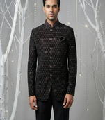 Black thread embroidered bandhgala with collar embroidery on velvet