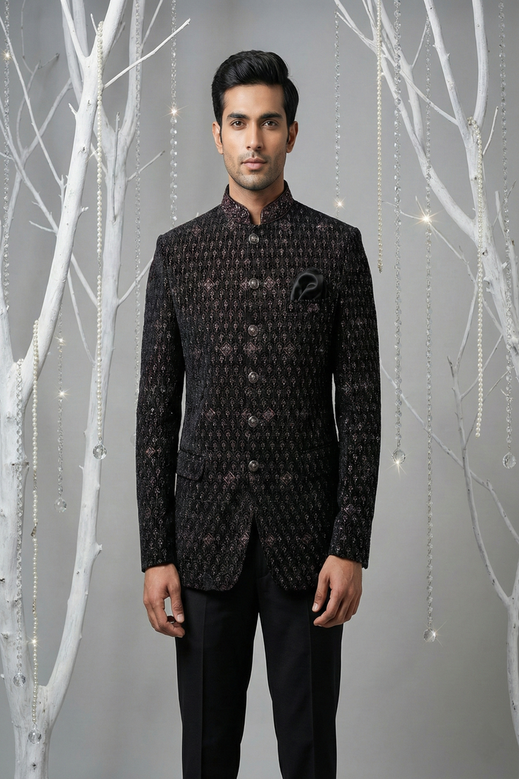 Black thread embroidered bandhgala with collar embroidery on velvet