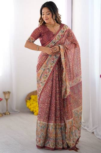 Maroon Color Handloom Cotton Linen Saree