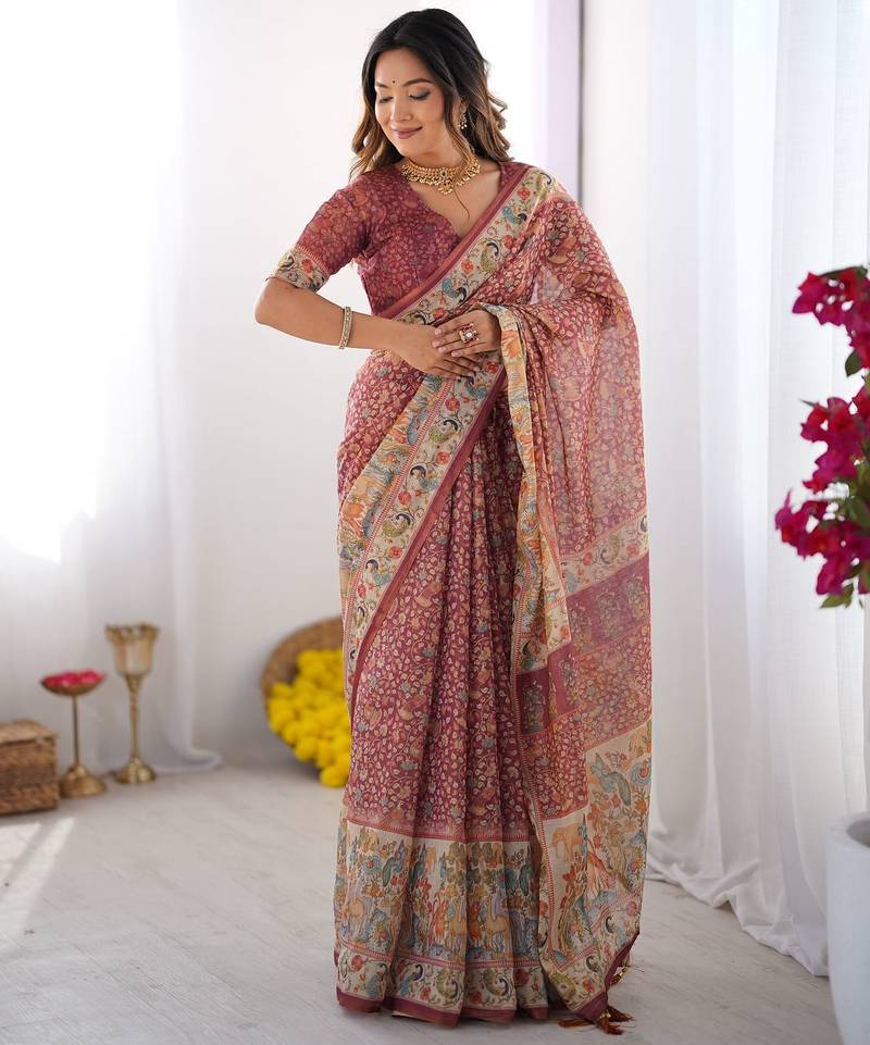 Maroon Color Handloom Cotton Linen Saree