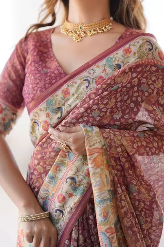 Maroon Color Handloom Cotton Linen Saree