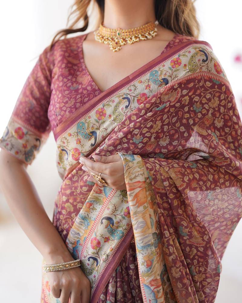 Maroon Color Handloom Cotton Linen Saree