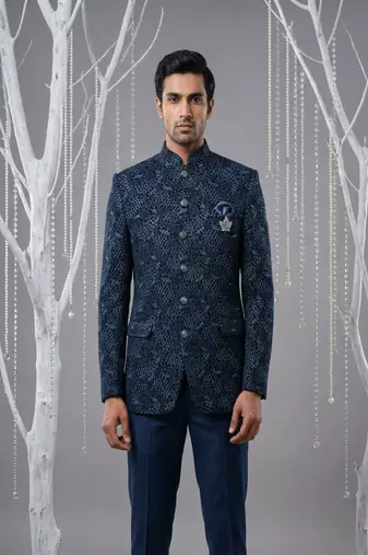Navy thread and sequins embroidered bandhgala on velvet