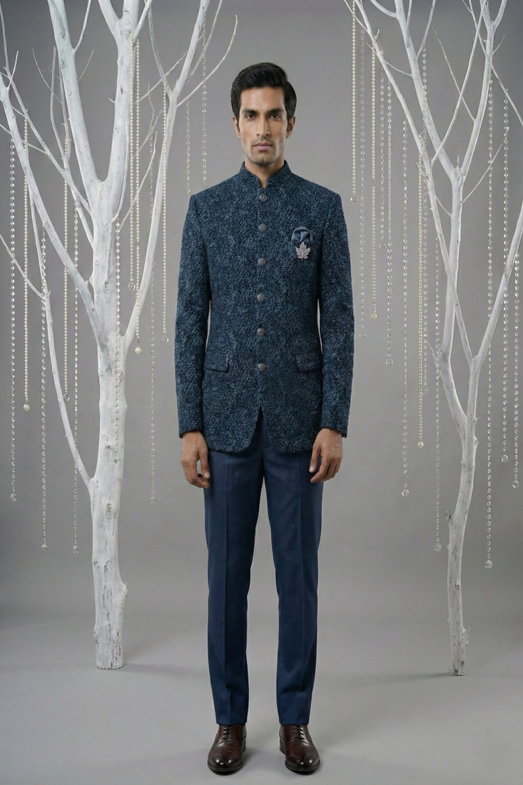 Navy thread and sequins embroidered bandhgala on velvet