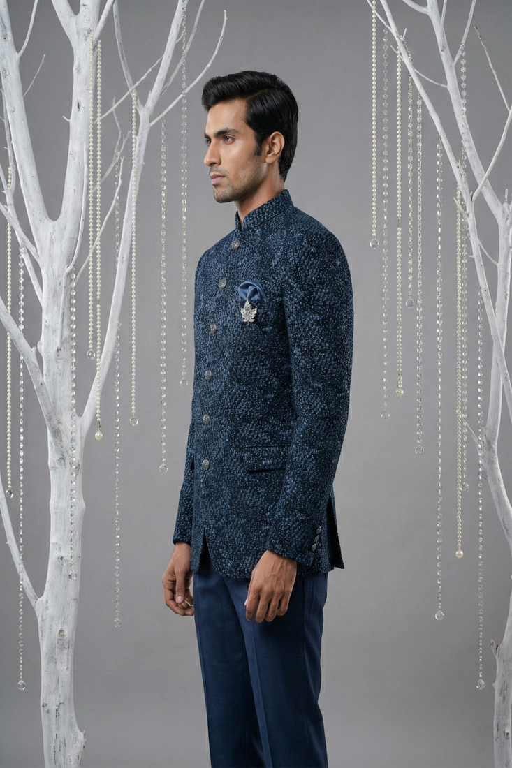 Navy thread and sequins embroidered bandhgala on velvet