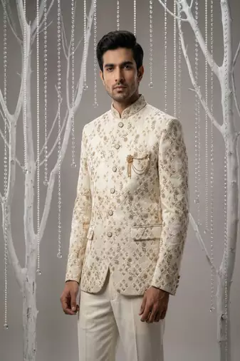 Cream thread embroidered bandhgala on silk
