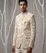 Cream thread embroidered bandhgala on silk