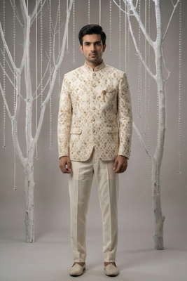 Cream thread embroidered bandhgala on silk 2