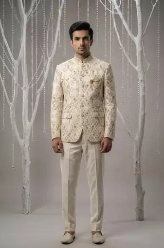 Cream thread embroidered bandhgala on silk
