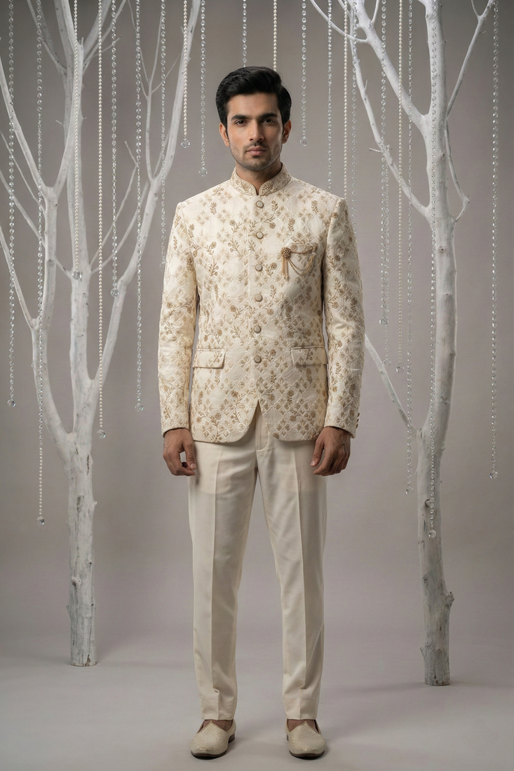 Cream thread embroidered bandhgala on silk