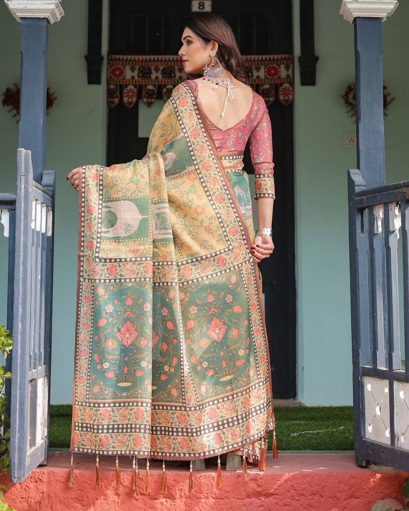 Olive Color Handloom Cotton Saree