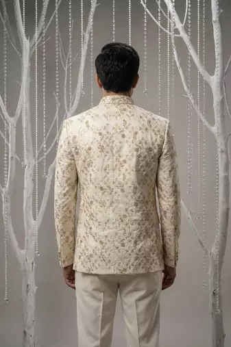 Cream thread embroidered bandhgala on silk