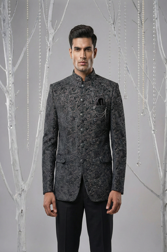 Black multicolor thread embroidered bandhgala on velvet