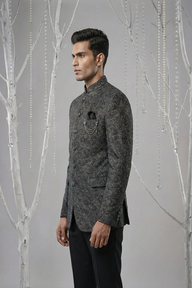 Black multicolor thread embroidered bandhgala on velvet