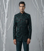 Teal Green sequins and thread embroidered bandhgala on velvet