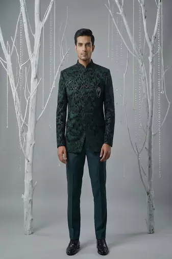 Teal Green sequins and thread embroidered bandhgala on velvet