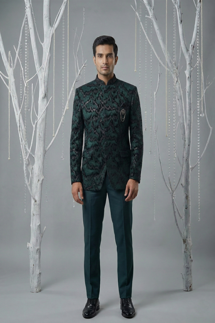 Teal Green sequins and thread embroidered bandhgala on velvet