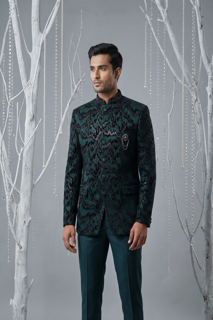 Teal Green sequins and thread embroidered bandhgala on velvet