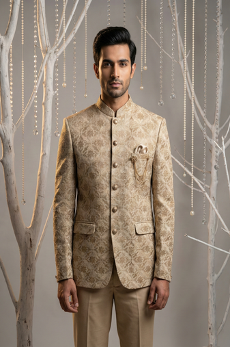 Brown thread embroidered bandhgala on silk