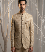 Brown thread embroidered bandhgala on silk