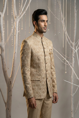 Brown thread embroidered bandhgala on silk 2