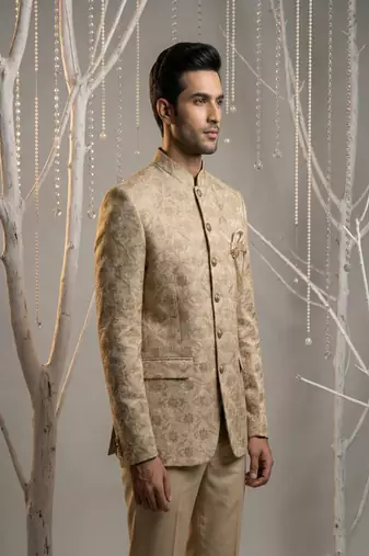 Brown thread embroidered bandhgala on silk