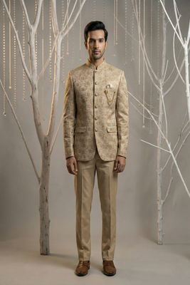 Brown thread embroidered bandhgala on silk 3