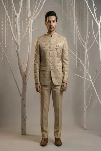 Brown thread embroidered bandhgala on silk
