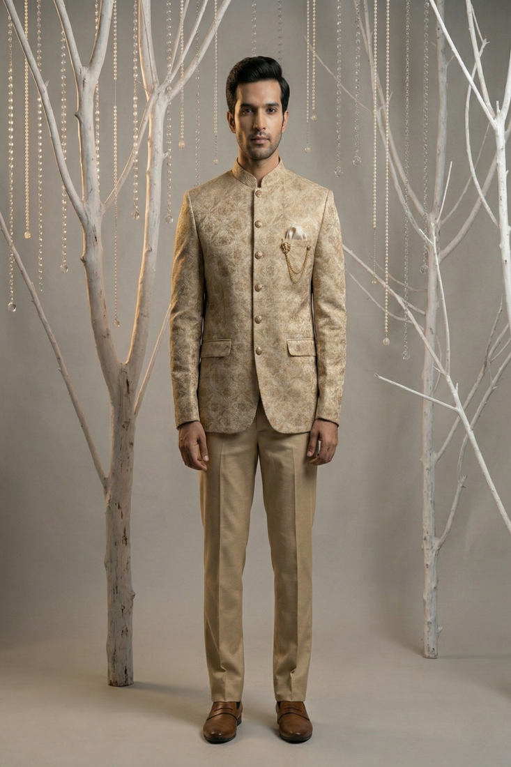 Brown thread embroidered bandhgala on silk