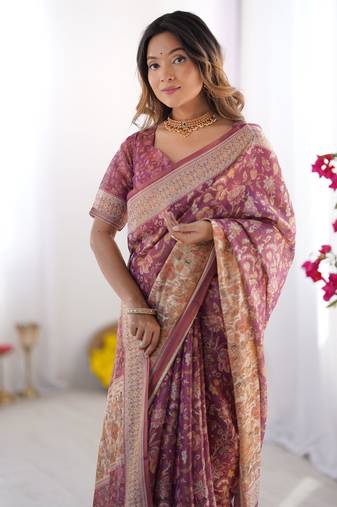 Wine Orange Color Handloom Cotton Saree