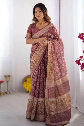 Wine Orange Color Handloom Cotton Saree