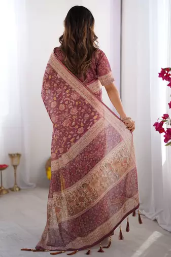 Wine Orange Color Handloom Cotton Saree