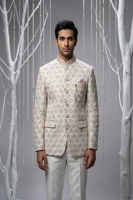 Ivory thread and sequins bandhgala on silk 1