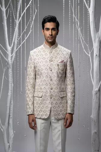 Ivory thread and sequins bandhgala on silk