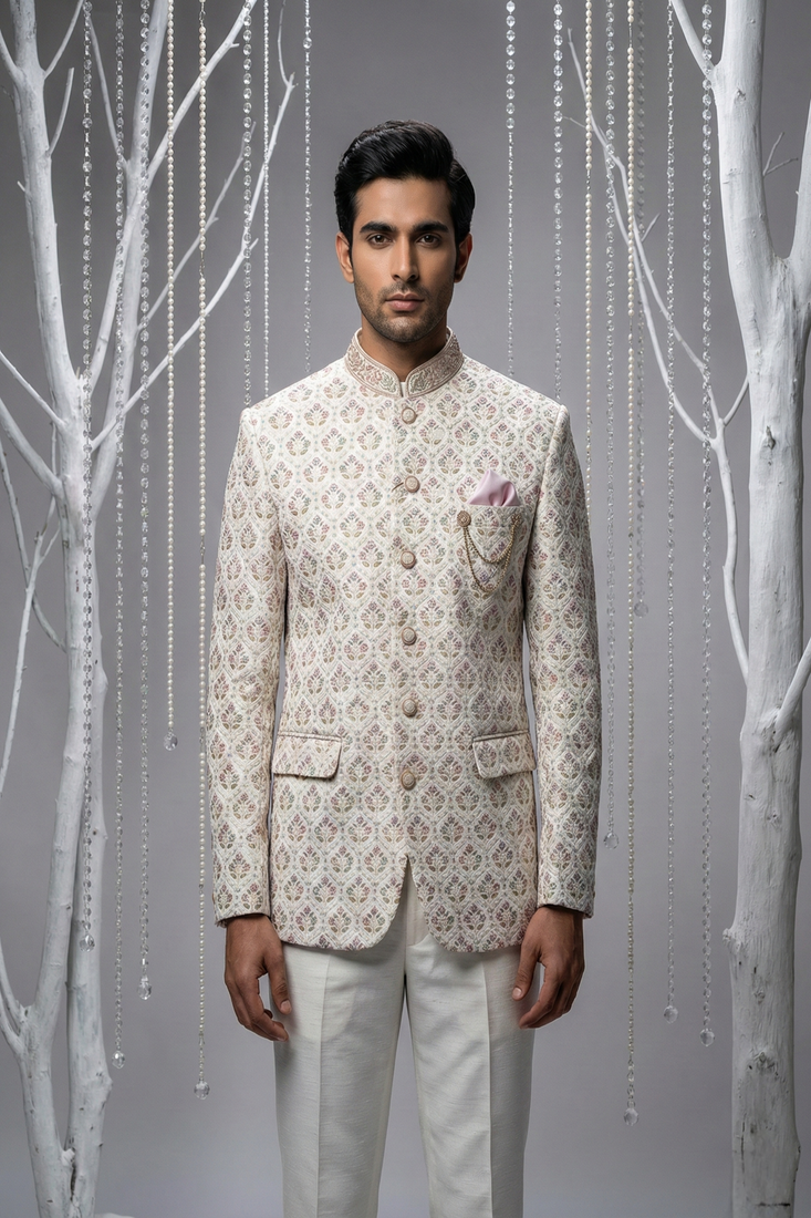 Ivory thread and sequins bandhgala on silk