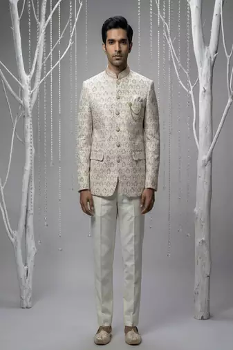Ivory thread and sequins bandhgala on silk