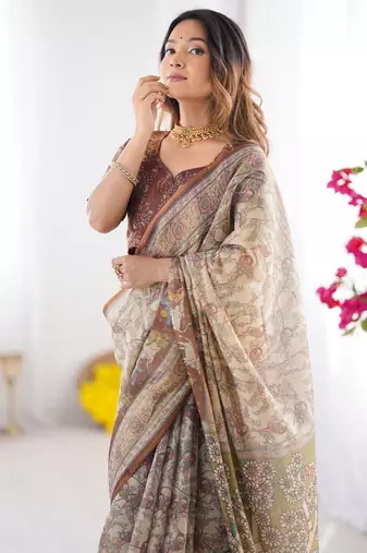 Beige Orange Color Handloom Cotton Saree