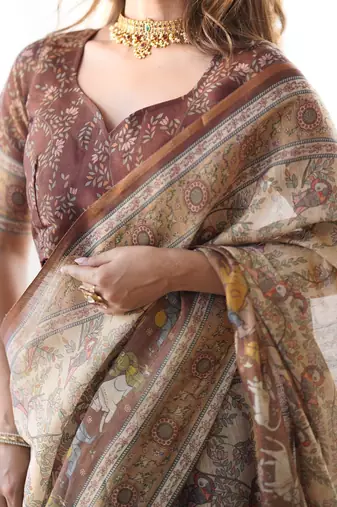 Beige Orange Color Handloom Cotton Saree