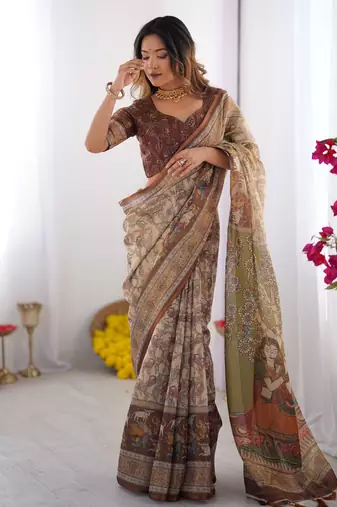 Beige Orange Color Handloom Cotton Saree