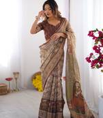 Beige Orange Color Handloom Cotton Saree