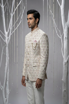Ivory thread and sequins bandhgala on silk 3