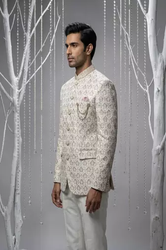 Ivory thread and sequins bandhgala on silk