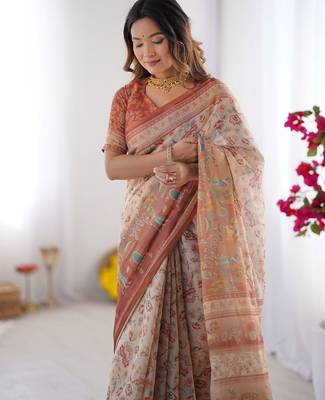 Cream Orange Color Handloom Cotton Saree 2