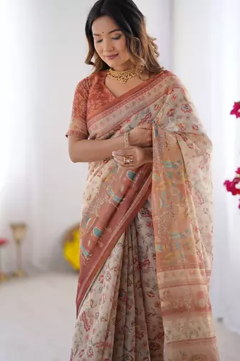 Cream Orange Color Handloom Cotton Saree