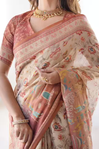 Cream Orange Color Handloom Cotton Saree