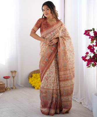 Cream Orange Color Handloom Cotton Saree 1