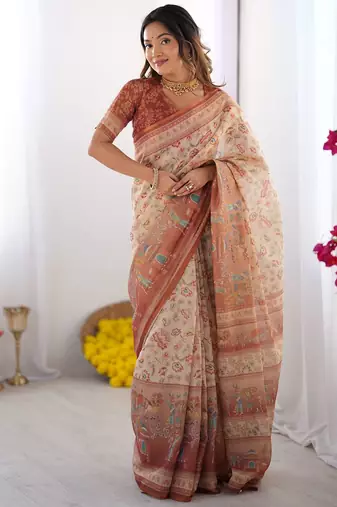 Cream Orange Color Handloom Cotton Saree