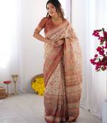 Cream Orange Color Handloom Cotton Saree