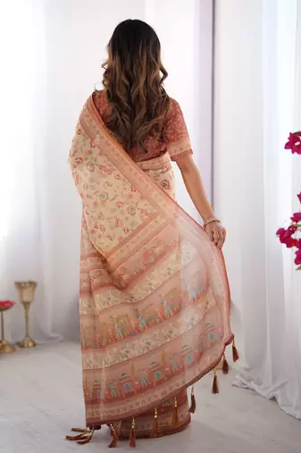 Cream Orange Color Handloom Cotton Saree