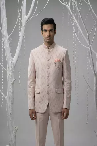 Pink thread and sequins embroidered bandhgala